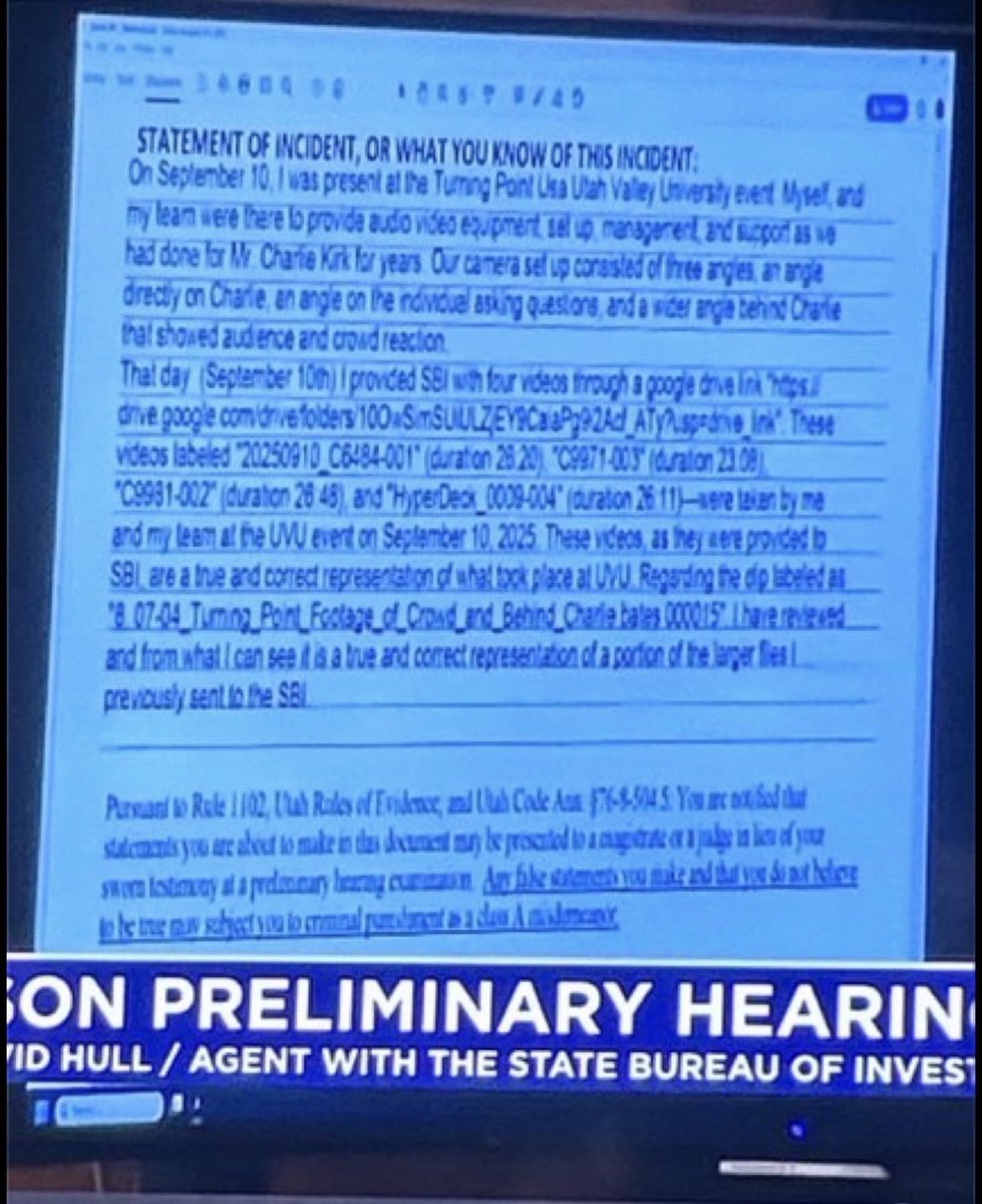 BlacksNeff's tweet photo. Had a fascinating conversation with an a trial lawyer, @RanchodeTR last night and he shared this very serious anomaly with me. 

@pattygifflaw, I would love it if you would opine:

TERRYL FARNSWORTH’s DECLARATION 

1) TF’s Declaration (under oath) was shown in Court. I’ve attached it for you. I’ve seen 100’s of these. What’s important is what is NOT in his Declaration. Usually, the Declaration says “These videos provided to… are a true and correct COPY of the VIDEO that was taken at UVU on 9/10/2025.” 

But TF’s lawyer (cumis counsel through their security company’s insurance ((did they settle with TPUSA yet btw?)) or his independent counsel) did not write that in TF’s Declaration. 

The Declaration showed in Court says that the videos provided are a true and correct “REPRESENTATION OF WHAT TOOK PLACE AT UVU.”  This Declaration DOES NOT say, and explicitly excludes TF admitting that the videos are real and unaltered. I can’t stress to anyone enough that this is very consequential. He is refusing to lie in his Declaration. Why would a guy who is in a conspiracy to murder his long time colleague not commit perjury? -he wouldn’t-

In short, TF’s Declaration does NOT AUTHENTICATE THE VALIDITY of any of the videos in evidence because his Declaration lacks the proper statements in regards to a “true and correct copy of the videos recorded…etc.” The Declaration states that the video is ONLY A REPRESENTATION OF TF’s PERSONAL PERCEPTION of what took place at UVU. 

TF “know knows” whether the video that is admitted into evidence is or is not in fact a true and correct copy of the video from UVU on 9/10/2025. 

BASED ON TF’s DECLARATION SIGNED UNDER THE PENALTY OF PERJURY - THE VIDEOS ARE NOT AUTHENTICATED. 

MISLEADING CANDACE:

TF did not mislead Candace. He said he didn’t know how to send it to her and didn’t want to send it through Google bc Google is compromised. He is correct. This portion of Google’s HQ is located in Israel (look it up). It is not a trustworthy way to send sensitive data, especially evidence. 

TF’s POSSIBLE INVOLVEMENT:

1) after the shot he was doing things like a person with zero plan. Later, he was on the phone being told what to do. 

2) he uploaded the video on a computer in a place where literally anyone could walk up behind him and see what he is doing - again no plan.

IN CLOSING
You can be a govt asst and NOT be included in the foreknowledge group. 

I don’t know Baron and have no social media presence. But he’s a fellow member of the bar and would understand what this Declaration is NOT saying. He may disagree - but I know he doesn’t glow in the dark and will validate my stance in regard to the Declaration.