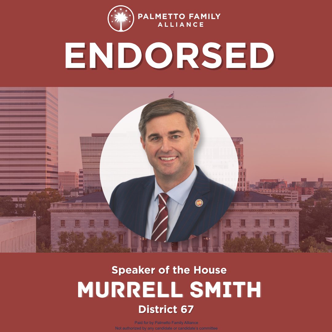PalmettoFamily's tweet photo. Palmetto Family Alliance is pleased to endorse Speaker of the House @murrellsmith (District 67) for reelection this fall. Speaker Smith is one of 56 members of the State House to score 100% on PFA's legislative scorecard for the 2025/2026 legislative session. https://t.co/fc0rBFb7VI