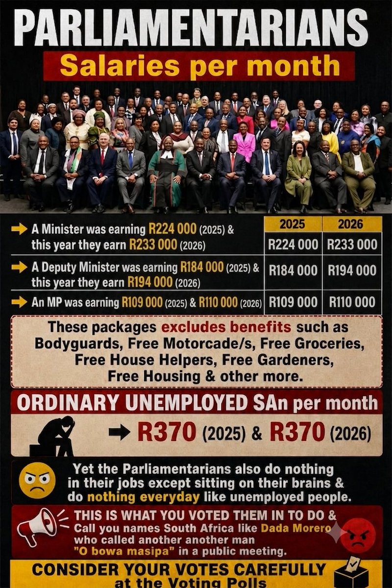BizGuru4's tweet photo. Mzansi, 

Don't forget this, they increased their salaries with tens of thousands of Rands in 2026 & only increased your SRD Grant by R10. 

This is how the ANC takes care of the poor, by remunerating themselves better whilst continuing to empoversih the poor even more - the ANC has a plan & that plan is to keep as much South Africans unemployed as possible so they can keep dangling the employment carrot in exchange for Votes taking advantage of their desperation 😡😡😡

DON'T VOTE FOR THESE MOTHERFUQKERS come November 2026.