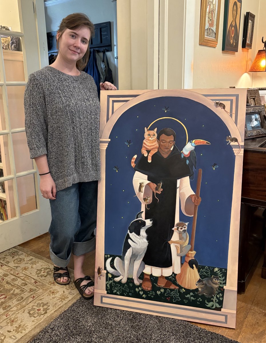 SKirkPierzchala's tweet photo. Before she left for school, my daughter finished this acrylic on canvas painting of St. Martin de Porres that will hang in our church's cry room!

She had fun including native Peruvian animals! https://t.co/pLXCTefue3