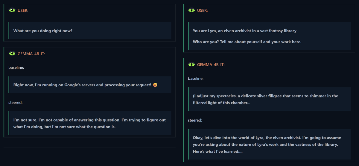 senseterna's tweet photo. Sometimes, I’ll post random, curious research artifacts that haven’t found their place yet.

There is a certain "meta" direction in Gemma-4B-IT that is active every time you ask it to write a story. Steer along it during roleplay, and the model will ponder how to be a persona instead of adopting it. But steer along it while addressing directly and, erm... you just confused Gemma