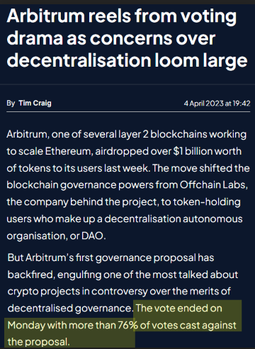 ajki76's tweet photo. I'm not trying to convince you of anything. I'm laying out why I hold this view, so whoever reads this thread can reach their own conclusion.

You've used "permissioned" several times now without once defining it, so let's actually look at internet-computer:native:  

🔸Anyone can deploy, no approval needed
🔸Anyone can stake and vote 
🔸Anyone can apply to run node, accepted by NNS vote (Node providers are elected and removable by that vote, not appointed )
🔸Anyone can write protocol code and propose it 
(Passed proposals execute on every node automatically)

t’s funny how some people accept whatever narrative passes for “good decentralization,” as long as it comes from the right chain.

ETH’s own DAO fork had ~5% turnout, with 25% of the yes votes coming from a single address. The voting window was under 24 hours and wasn’t publicized, the foundation pushed it through as the client default anyway. 

But since you have $ARB in your bio, let’s look at that one too: the DAO voted 76% against AIP-1, and the foundation had already sold the tokens before the vote even closed.🤣

That's the kind of thing that literally can't happen on internet-computer:native NNS DAO isn't just signaling, it's executing. You know, the "autonomous" part of DAO that other chains only use as a narrative. 

Proposals have to pass the vote before the code change is executed by NNS DAO, there's no foundation/core team deciding after the fact.  

I guess the top people in the field that @dfinity  recruited weren't just cashing paychecks while reinventing the wheel, they actually thought through how a proper decentralized network should run.

p.s. this is fun, but I'm still waiting for an actual argument, not just "nah, it's permissioned, it broke the ethos" while completely ignoring how current blockchains actually run.

https://t.co/p8HBVcvvtQ