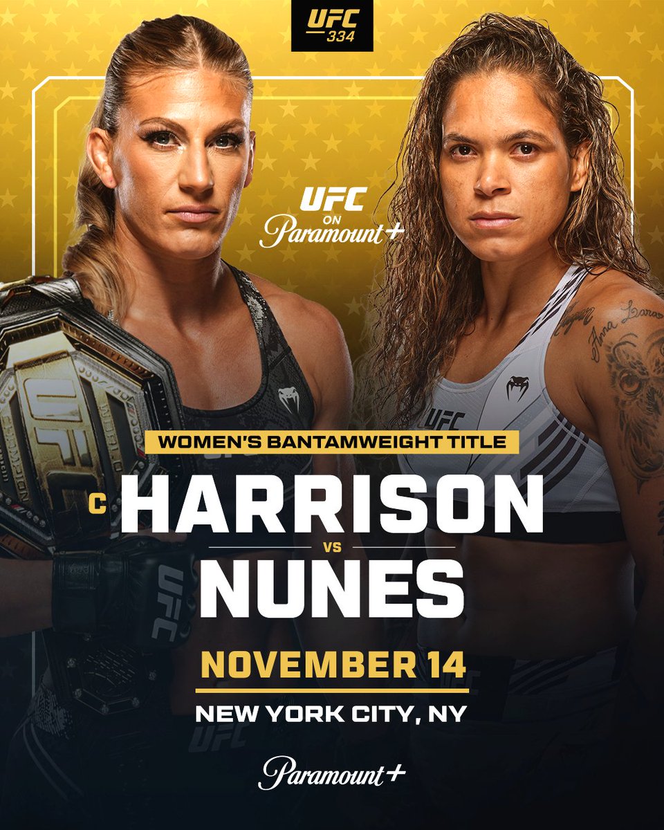 UFConParamount's tweet photo. TWO TITLE FIGHTS AT MSG 🤩

Ciryl Gane vs Josh Hokit
Kayla Harrison vs Amanda Nunes

[ #UFC334 | SAT Nov 14 on @paramountplus ] https://t.co/zZY6Uha4Iu