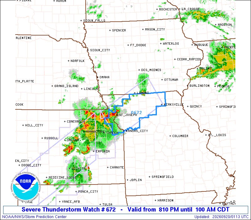 NWSSPC's tweet photo. 8:14pm CDT #SPC_Watch WW 672 SEVERE TSTM KS MO 200110Z - 200600Z, #kswx #mowx, https://t.co/fFzyJZNdZD https://t.co/AhpcgStZ98