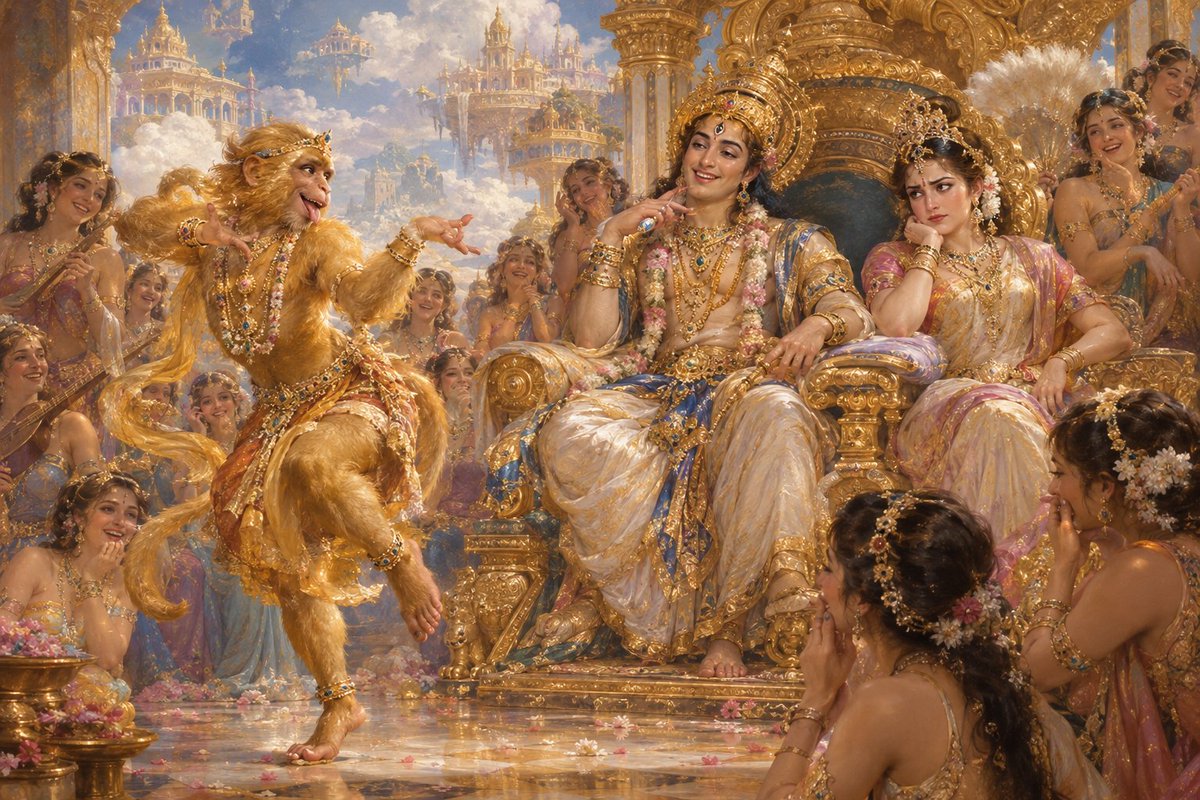 2Gaudadhipati's tweet photo. The entire court of heaven, from the Apsaras to Lord Indra himself, is laughing at Vṛṣākapi’s antics. Devi Śacī, however, does not seem amused at all. https://t.co/PXPRMAxcyo