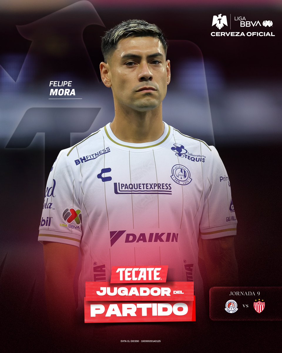 LigaBBVAMX's tweet photo. ¡Hoy se va a dormir como el mejor sobre el terreno de juego! 👊🏻🔥
Felipe Mora marcó el gol del empate para los potosinos, mostrándoles el camino para el su primer triunfo en casa y eso lo convierte en el #TecateJugadorDelPartido. ⚽️
@CervezaTecate #TecatePorTi #J9 #ADSLNEC #AP26