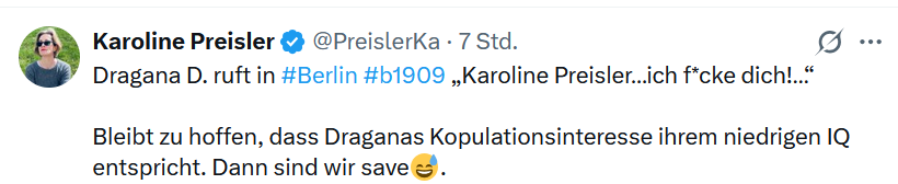 Mausebaer17's tweet photo. Man schaut in den Account der rechten Influencerin Karoline Preisler (#FDP) und ist angewidert. Es vergeht kaum ein Tag, an dem sie nicht irgendetwas ekliges, meist frauenfeindliches, postet. Diesmal geht es nicht um V a g i n a s, sondern um "Kopulationsinteresse". #b1909 https://t.co/B3JIavJT4I