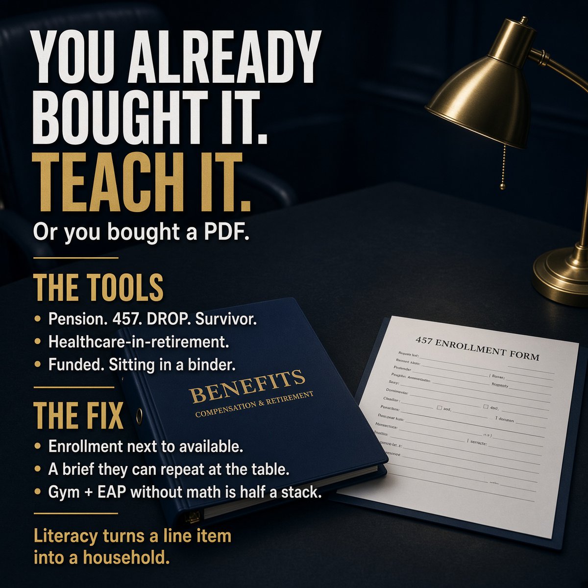 millionairecop's tweet photo. Benefits you already pay for get used.

Pension. 457. DROP. Survivor options. Healthcare-in-retirement.

Most shops fund the tools and never teach them. Then year-15 calls scared because the binder never left the drawer.

Literacy is how a line item becomes a household. 

Enrollment numbers next to “available.” A 15-minute brief that a mid-career officer can repeat at the table.

Gym + EAP without household math is half a stack.

You already bought the benefit. Teach it or you bought a PDF.

#police #lawenforcement #financialwellness