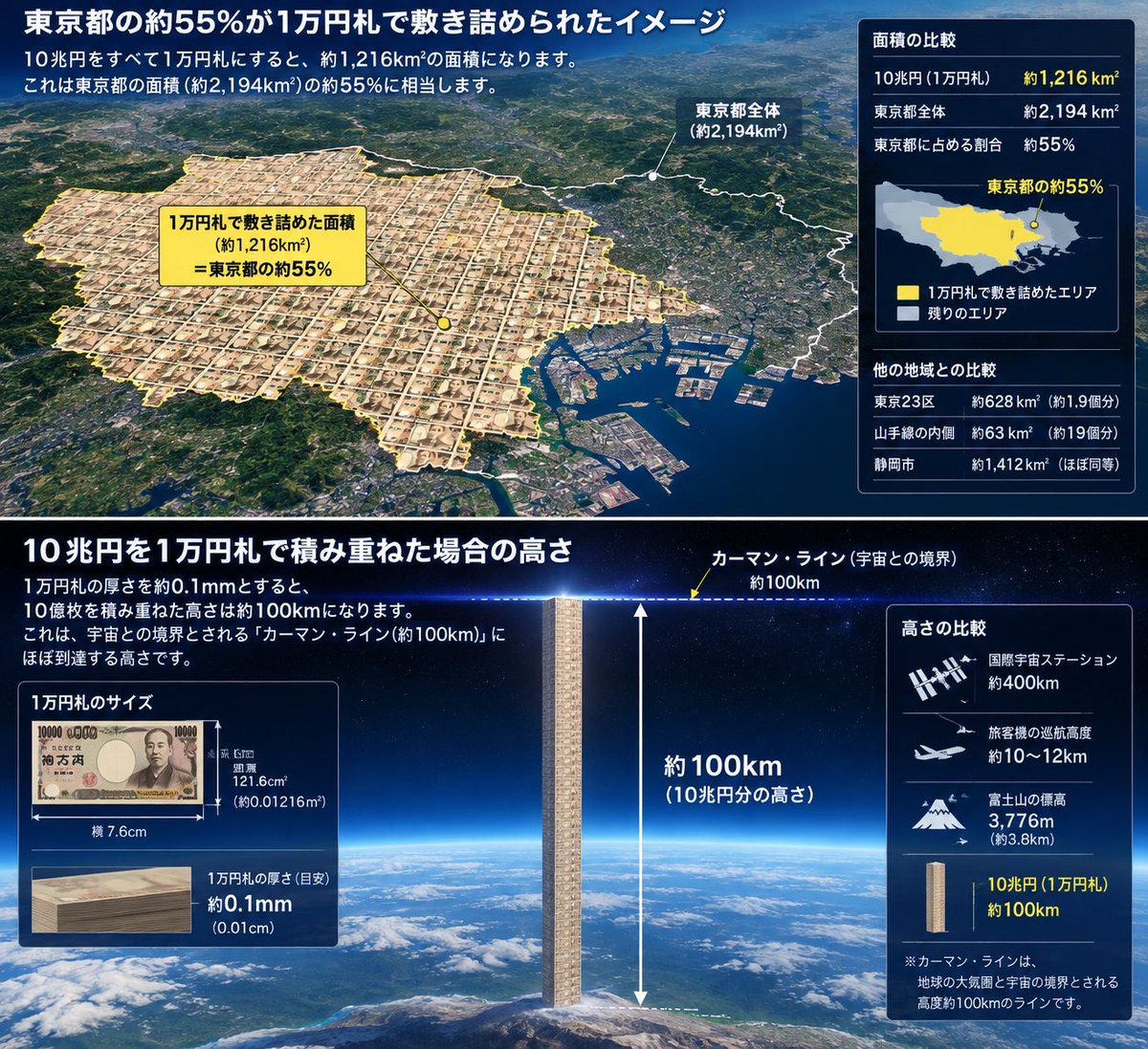 takuromat's tweet photo. SBGがOpen AIに出資する累計10兆円て、1万円札の面積で考えたらどれくらいになるのかな？と計算してみたら、東京都の面積の55%くらいらしいです。ちなみに全部縦に積み上げたら約100km。地上から宇宙空間まで届くとのこと。出す方もすごいけど、使う方もすごいよね笑 https://t.co/5hNORTqnCw