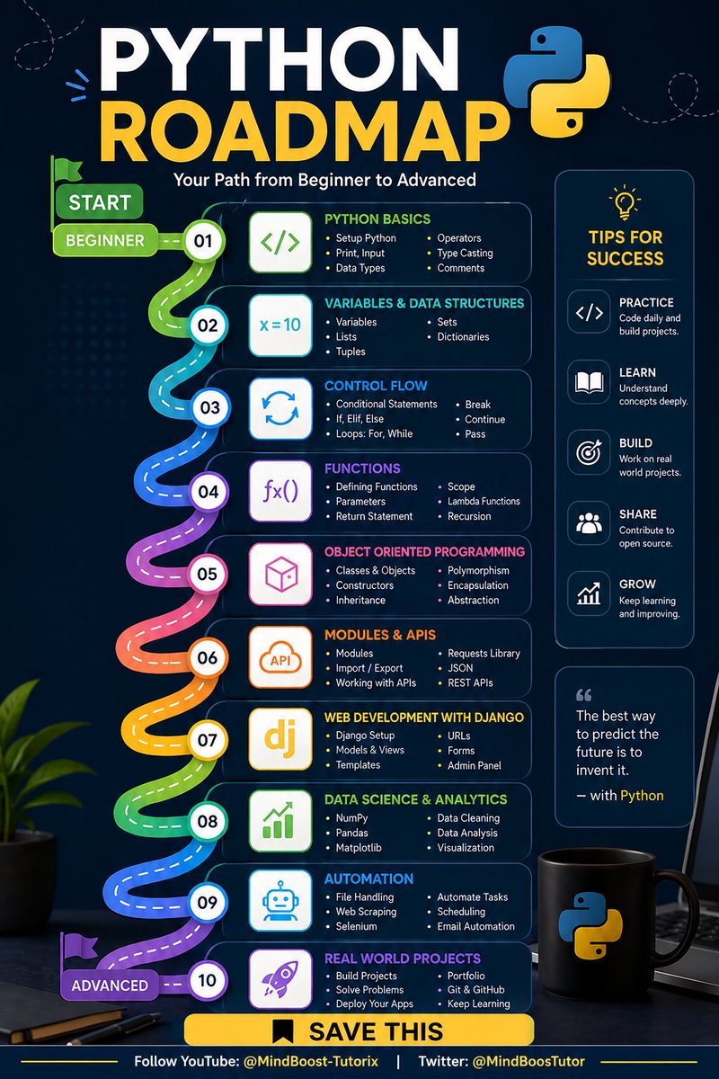 MindBoostTutor's tweet photo. Python learning progresses from basics and data structures to control flow, functions, OOP, APIs, Django, data science, automation, and real-world projects, helping learners build practical skills from beginner to advanced.
#FREE #education for #all https://t.co/hyWfcdzYZn