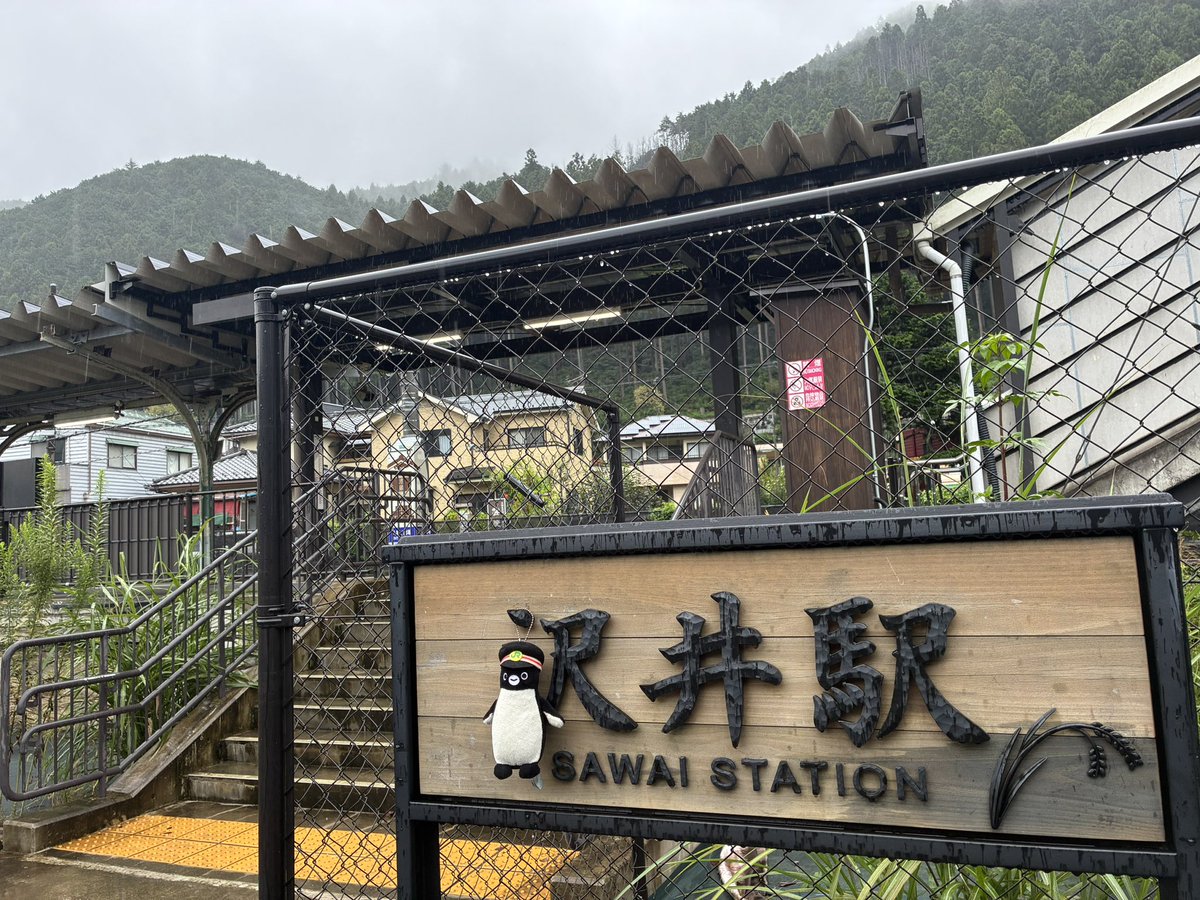 PlanetarianK's tweet photo. 東京アドベンチャーライン沢井駅に着いたペン🐧☔️
雨の日は雨の日の、晴の日は晴の日の風情があって好きペン🐧☺️ https://t.co/rHx6i7VMiP