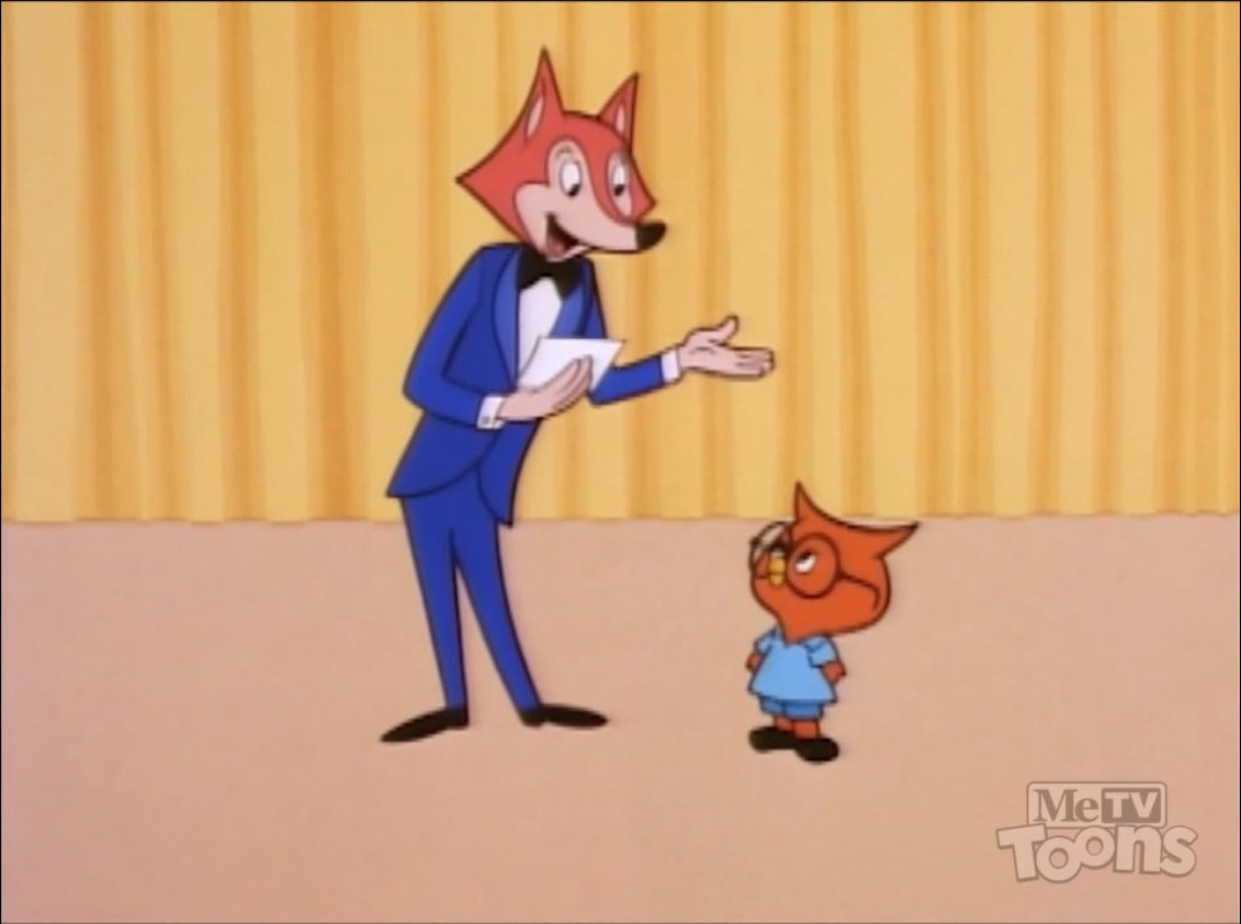 wiley207's tweet photo. The 1964 Noveltoon "Whiz Quiz Kid" presents a basic lesson in cartoon stereotypes: when looking for a "regular dumb kid" to possibly fail answering all the tricky questions in a quiz show, DON'T pick the owl child wearing glasses! Plus, Asprin the fox is cute. #MeTVToons https://t.co/1VRzUGdCUs