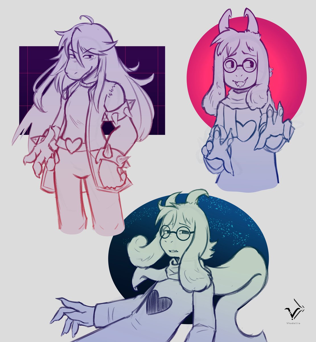 Vhadellia's tweet photo. [ Quick sketches ]

I fixed some small details, but in the end... These are still sketches lol :]

Anyway, hope  you all like it.

(Si, ya se que mi estilo de arte cambia a cada rato :[ ).

#deltaruneㅤㅤㅤ https://t.co/AjZlmAuvEs