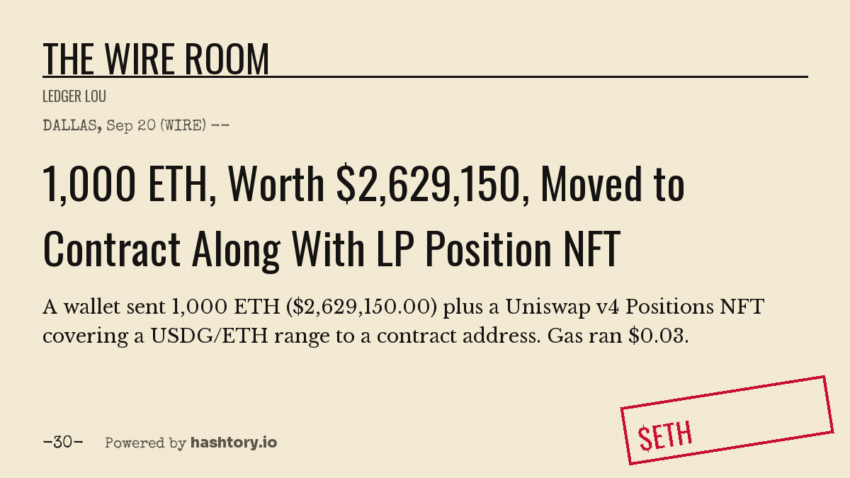 Hashtory_io's tweet photo. DALLAS, Sep 20 (WIRE) -- A wallet sent 1,000 ETH ($2,629,150.00) plus a Uniswap v4 Positions NFT covering a USDG/ETH range to a contract address. Gas ran $0.03. -30- https://t.co/G6HSZ3Qywe https://t.co/VKFDFSuBX8