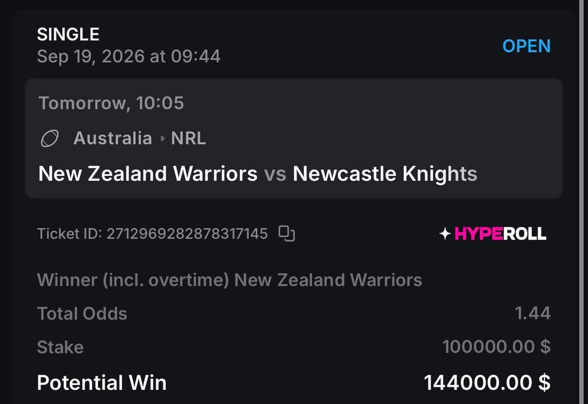 FORTAFY's tweet photo. $100,000 USD ON NZ WARRIORS TO BEAT NEWCASTLE.

Im gonna be tipping multiple people on @hyperoll if this wins. Follow, RT this &amp; drop ur user, that's it.

GAME STARTING SOON https://t.co/MFT5uwKN2s