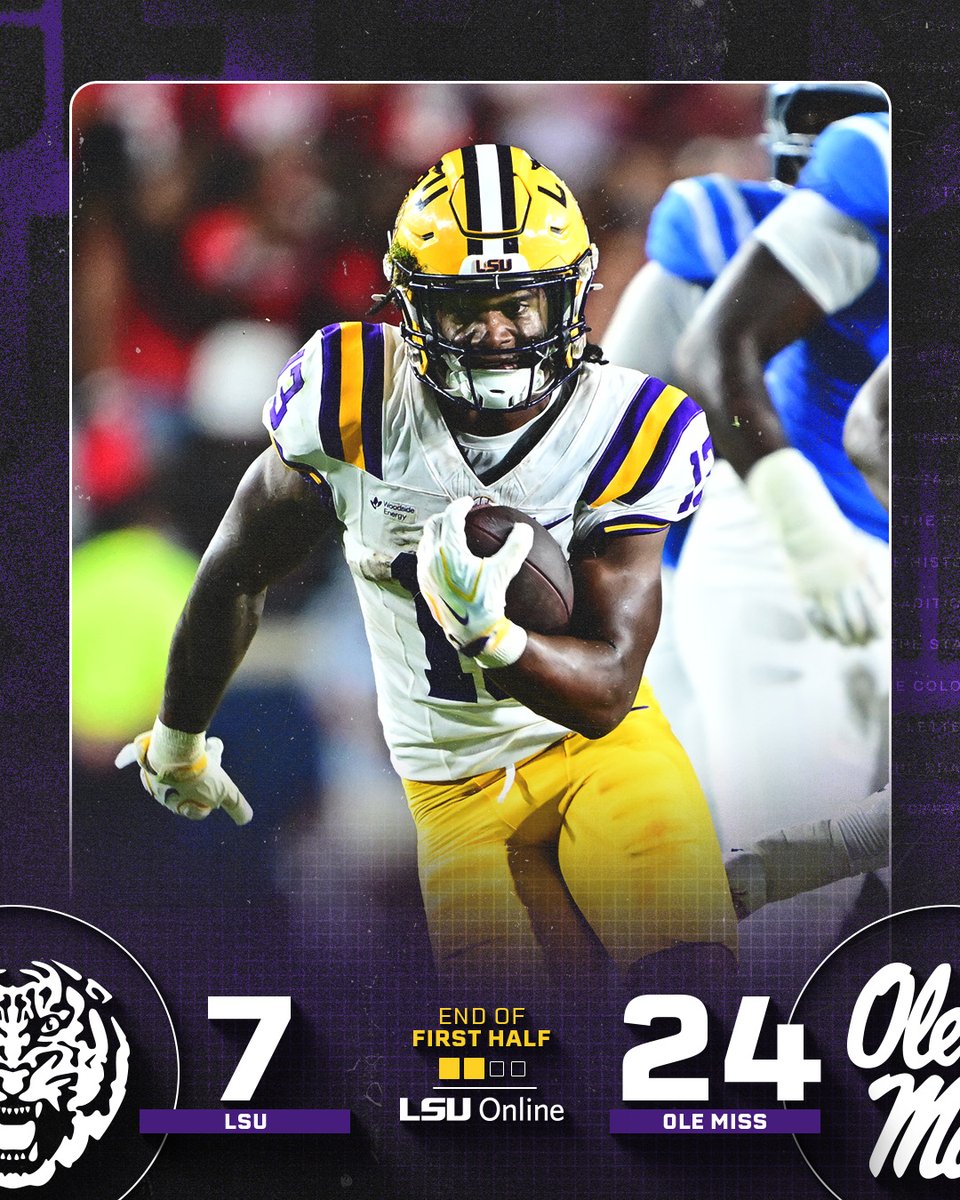 LSUfootball's tweet photo. Halftime in Oxford 

Tigers get the ball to start the 2nd https://t.co/MpDxl7Omuq