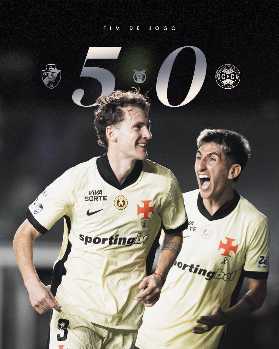 VascodaGama's tweet photo. NOITE DE GOLEADA EM SÃO JANUÁRIO! O VASCO FAZ 5️⃣ a 0️⃣ DIANTE DO CORITIBA. 

⚽️ Colidio 
⚽️ Bruno Duarte 
⚽️ Lescano 
⚽️ Andrés Gómez 
⚽️ Ramon Rique 

#VASxCFC 5️⃣-0️⃣
#Brasileirão2026
#VascoDaGama https://t.co/qSZLU9VEN5