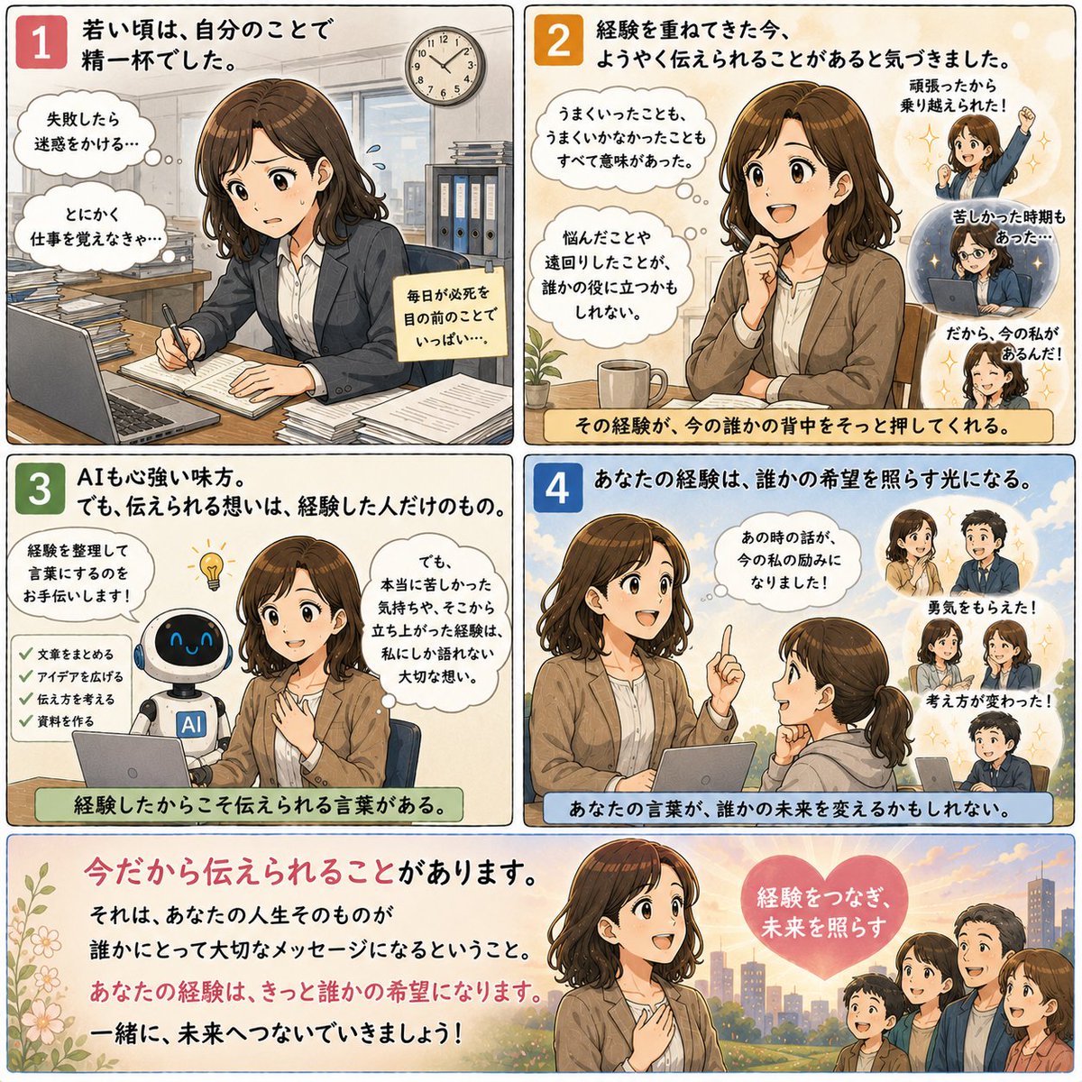 akapencc's tweet photo. 若い頃には分からなかったこと。

今だから伝えられることがあります。

経験は、未来への贈り物です。
Kindle出版ブログ：https://t.co/BT7u9NvdcQ

#人生 #キャリア #AI #Kindle出版 https://t.co/Ec6e9luOKc