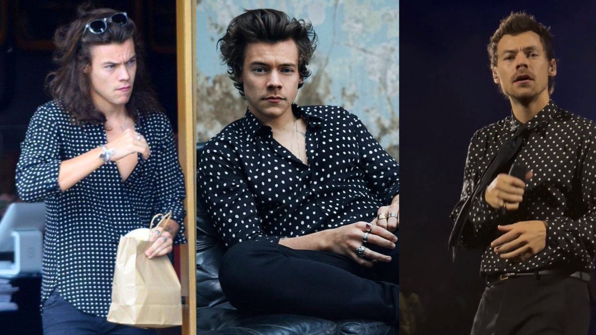 axlsugar's tweet photo. harry styles in a black polka dot shirt will always be iconic https://t.co/QIb22T3w1O