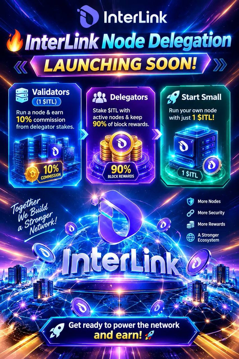 Chhai007's tweet photo. 🔥 InterLink Node Delegation Launching Soon!

•🖥️ Validators (1 $ITL): Run a node &amp; earn 10% commission from delegator stakes.
•📥 Delegators: Stake $ITL with active nodes &amp; keep 90% of block rewards.
•💎 Start Small: Run your own node with just 1 $ITL!

#InterLink #ITL #ITLG https://t.co/C8HB7CL95C