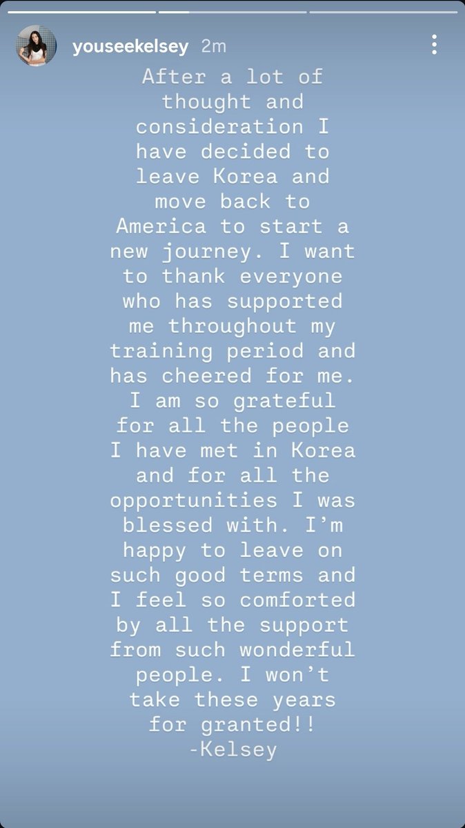 CYGNETWatson's tweet photo. | 260920 |
[Instagram Story: Kelsey]

Kelsey has announced that after a lot of thought and consideration she has decided to leave Korea and move back to the US to embark on a new journey. She is leaving on good terms and will continue posting to her social media accounts! https://t.co/gmpw4hIILC