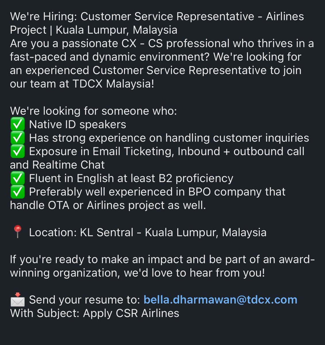 Applyajadulu's tweet photo. 🚨HIRING
🇮🇩INDONESIAN SPEAKER
✅Visa Disediakan
Mana yang kemarin cari kerja Customer Service di Malaysia?
Ada lagi nih yang buka.
Gass apply !!

✅Mau dapat info lowker update setiap hari + webminar, gabung Aja ke group. Lynk di bio.￼ https://t.co/UdOMRyYzJH