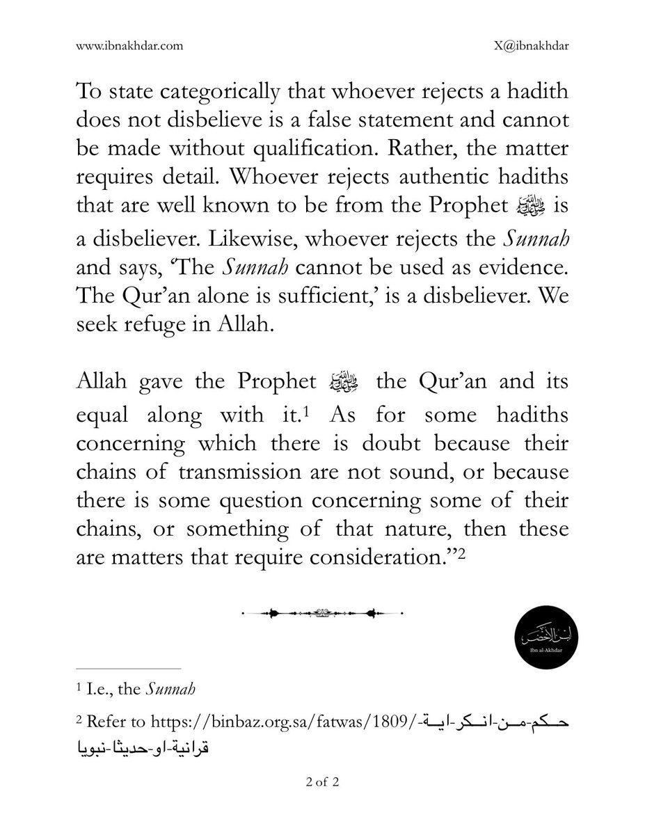 IbnAkhdar's tweet photo. The Ruling on Those Who Reject Qur’anic Verses or Prophetic Traditions by al-Allamah ‘Abd al-‘Aziz Ibn Baz (رحمه الله) https://t.co/pmHINRdvNY