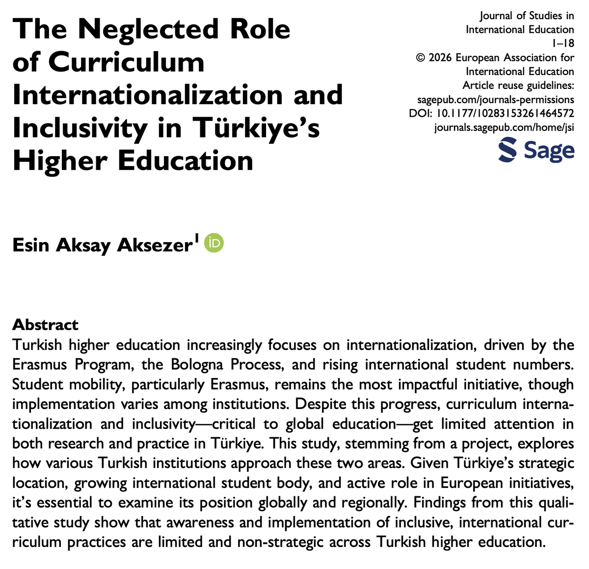 jsinted's tweet photo. The neglected role of curriculum internationalization and inclusivity in Türkiye's higher education

@EAksay80

→ https://t.co/2YV5PCVO7J

#HigherEd #CurriculumInternationalization #Internationalization #IntlEd #Inclusion #Diversity #Turkey #Türkiye 🇹🇷 https://t.co/dXUCnBlmQB