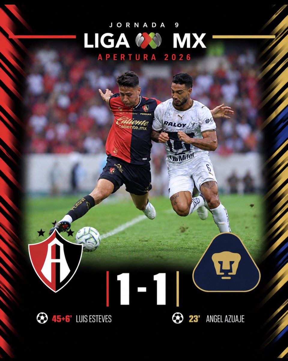 BenditaLMX's tweet photo. ¡REPARTIERON PUNTOS EN EL JALISCO! ⚽️🤝
Pumas pegó primero con gol de Ángel Azuaje al 23’, pero Atlas no bajó los brazos y Luis Esteves apareció al 45+6’ para igualarlo antes del descanso. 🔴⚫️🐾
Atlas 1-1 Pumas. ¿Resultado justo o alguno merecía más? 👀🔥
#J9 #AP26 #ATSUNAM https://t.co/V1ndXeCSfW