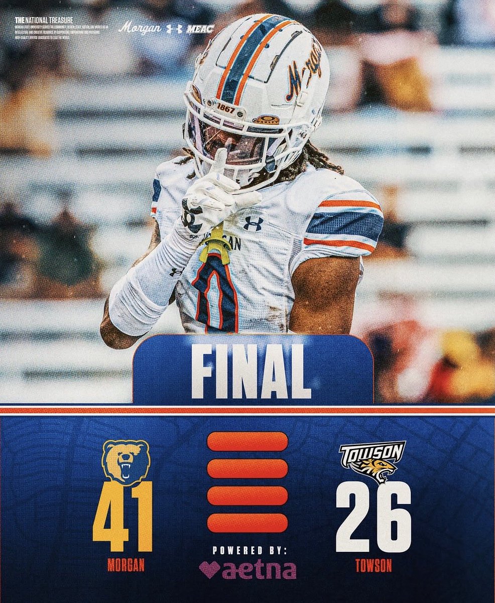 MorganStateU's tweet photo. Drove 5 Miles, Put Up 41 Points, Got The W 🏈

#GoBears #BearFood #TheMorganWay https://t.co/TUymDD59u7