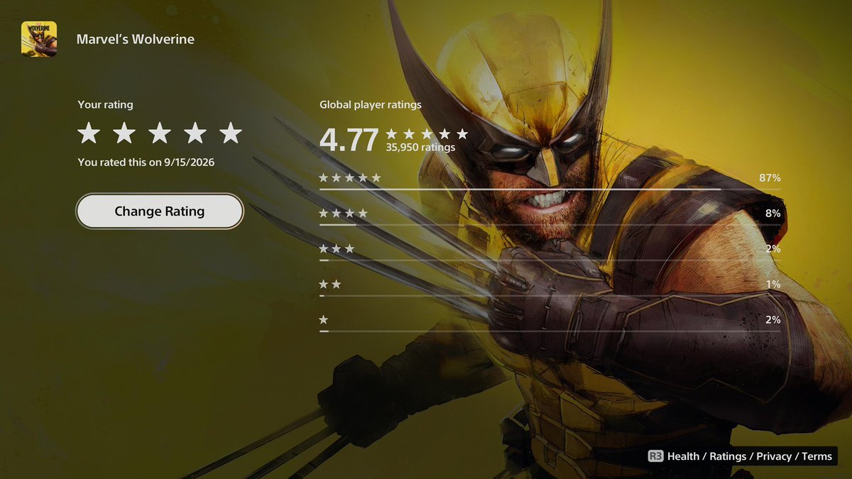 774lexi's tweet photo. A quick look at the current PlayStation player ratings for Insomniac’s Marvel games, in release order:

Marvel’s Spider-Man Remastered — 4.69/5
Marvel’s Spider-Man: Miles Morales — 4.53/5
Marvel’s Spider-Man 2 — 4.72/5
Marvel’s Wolverine — 4.77/5

Marvel’s Wolverine currently holds the highest average player rating out of the four.

These are PlayStation player ratings, not critic scores or social-media polls. Wolverine’s sample size is still smaller, so the rating can change over time, but the current player response is clear.

You can have your own opinion of the game, but dismissing people who genuinely enjoyed it as “blind fanboys” doesn’t erase what the players are actually rating it.