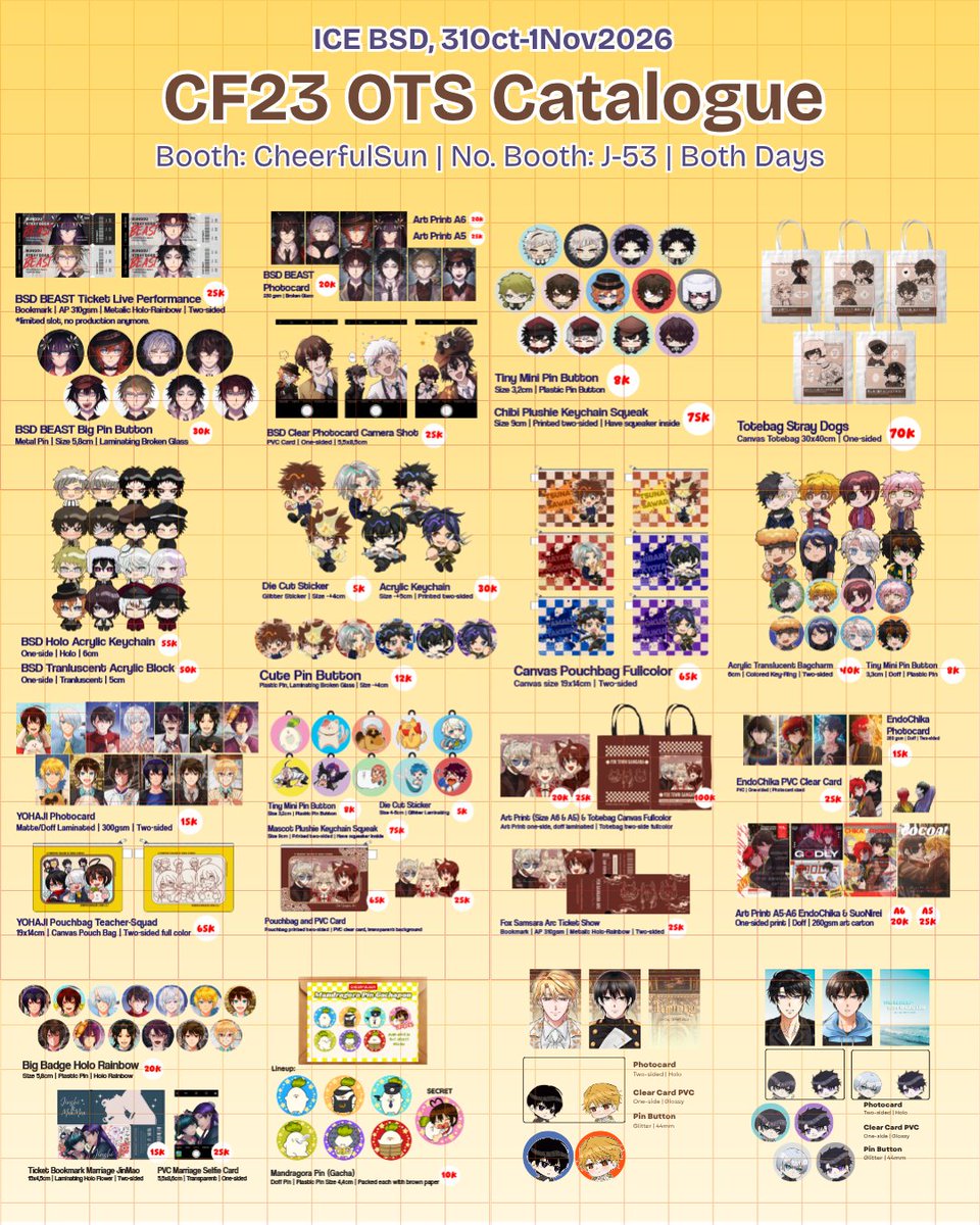 Kellychu_mew's tweet photo. 🩷CheerfulSun #Cf23 OTS Catalogue🩷
📍J-53, both days 

💕Fandom 
YOHAJI
Wind Breaker 
Bungou Stray Dogs 
Katekyo Hitman Reborn
Apothecary Diaries 
Turning 
The Hunter's Gonna Lay Low 

#cf23catalogue 
➡️Swipe 4/4 https://t.co/J1JlP00cek