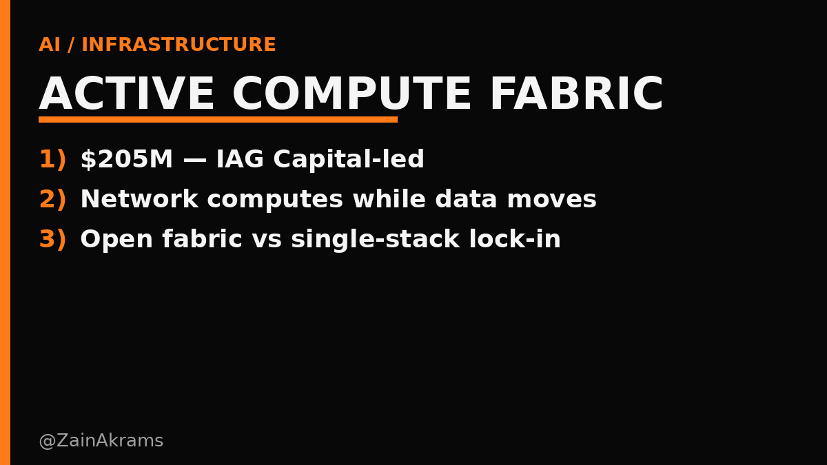 ZainAkrams's tweet photo. The scarce GPU hours aren’t lost to slow chips.

They’re lost waiting for the network.

Cornelis raised $205M led by IAG Capital Partners and launched Active Compute Fabric — an open architecture that puts programmable compute inside the fabric across scale-up and scale-out (TechCrunch / company, Sep 14). Intel spinout (2020). Qualcomm joining the rack-scale conversation. CN5000 shipping; CN6000 sampling for Q4 2026.

ACTIVE COMPUTE FABRIC
1) $205M — IAG Capital-led
2) Network computes while data moves
3) Open standards (UALink / ESUN / Ultra Ethernet) vs single-stack lock-in

What people will call it: another networking raise.
What it actually is: treating the fabric as part of the compute system.

Company modeling (CLAIM — label it): in a 100,000-GPU cluster, ~half of GPU hours can sit idle waiting for data — ~$1.68B/year and ~500 GWh at their assumed $4/GPU-hour baseline. Real results will vary; the thesis is the punchline.

Second-order: model labs sell FLOPs. Hyperscalers sell racks. Cornelis is pricing utilization — the return you get from GPUs you already bought. Nvidia wins when the full stack is sticky. Open programmable fabrics win when CFOs start auditing idle accelerator hours the way they audit cloud waste.

Watch who ships scale-up + scale-out as one active layer — that’s when networking stops being a cable and starts being a P&L line.

(TechCrunch / Cornelis)