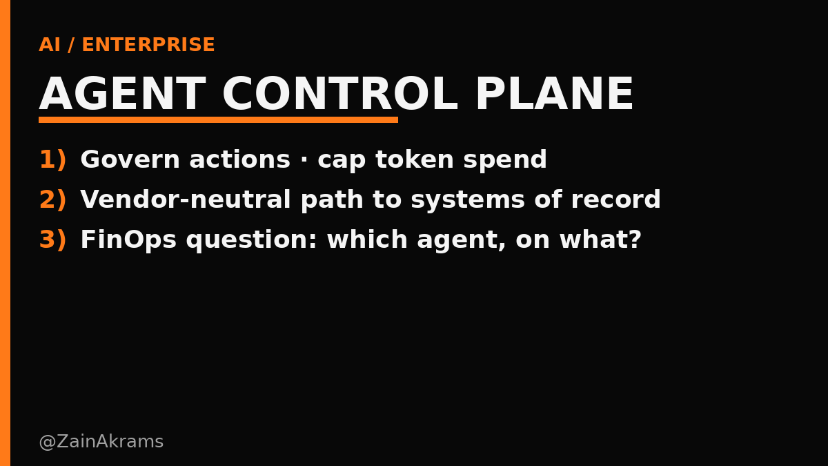 ZainAkrams's tweet photo. Enterprises don’t fail agent pilots because the model is dumb.

They fail because nobody can answer: which agent spent this, on what, and who approved it.

Boomi launched an Agent Control Plane — vendor- and model-neutral infrastructure that sits between agents and systems of record, governs actions, grounds answers in lineage, and caps runaway token spend (company / TechTarget, Sep 2). Runs public cloud, VPC, or on-prem. AI Gateway (via https://t.co/9hbvCVVT7o acquisition) as the enforcement layer. Boomi Connect exposes 1,000+ systems as governed MCP tools.

AGENT CONTROL PLANE
1) Govern actions · cap token spend
2) Neutral path to Salesforce / SAP / Workday
3) FinOps question: which agent, on what?

Context that matters:
• Gartner (via Boomi): by 2027, 40% of enterprises will demote/decommission autonomous agents after governance gaps show up in production (CLAIM — Gartner quote as cited)
• FinOps Foundation 2026: 98% of practitioners now manage AI spend, up from 31% two years earlier
• Forrester/Boomi study: 86% past pilots, only 34% trust agent actions; unready deploys averaged +$2.1M cost (CLAIM)

What people will call it: another integration vendor AI feature.
What it actually is: the attribution + approval layer that lets finance fund agents.

Raindrop prices PR simulation. Temporal prices durable execution. AIUC prices underwriting. Boomi is pricing something quieter — control in the traffic path, not a PDF after the incident.

Second-order: when FinOps owns the agent bill, “cool demo” stops being a budget line. Watch which control planes sit between the agent and the general ledger — that’s who scales.

(Boomi / TechTarget / FinOps Foundation)