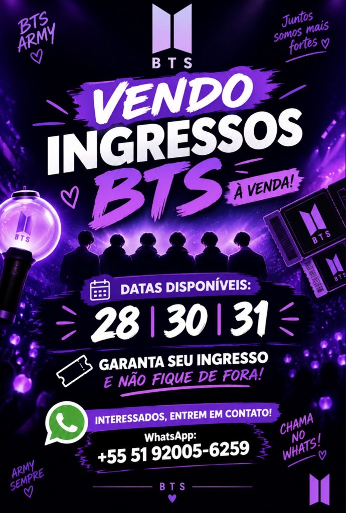 anna_soares78's tweet photo. 💜✨ ATENÇÃO, ARMY! ✨💜

🎤 VENDO INGRESSOS PARA O BTS! 🎤

📅 DATAS DISPONÍVEIS:
🔥 28 • 30 • 31

🎟️ Garanta seu ingresso e não fique de fora!
📲 Interessados, ENTREM EM CONTATO:

📞 WhatsApp: +55 51 92005-6259

💜✨ CHAMA NO PRIVADO! ✨💜 https://t.co/To07KAIQx2