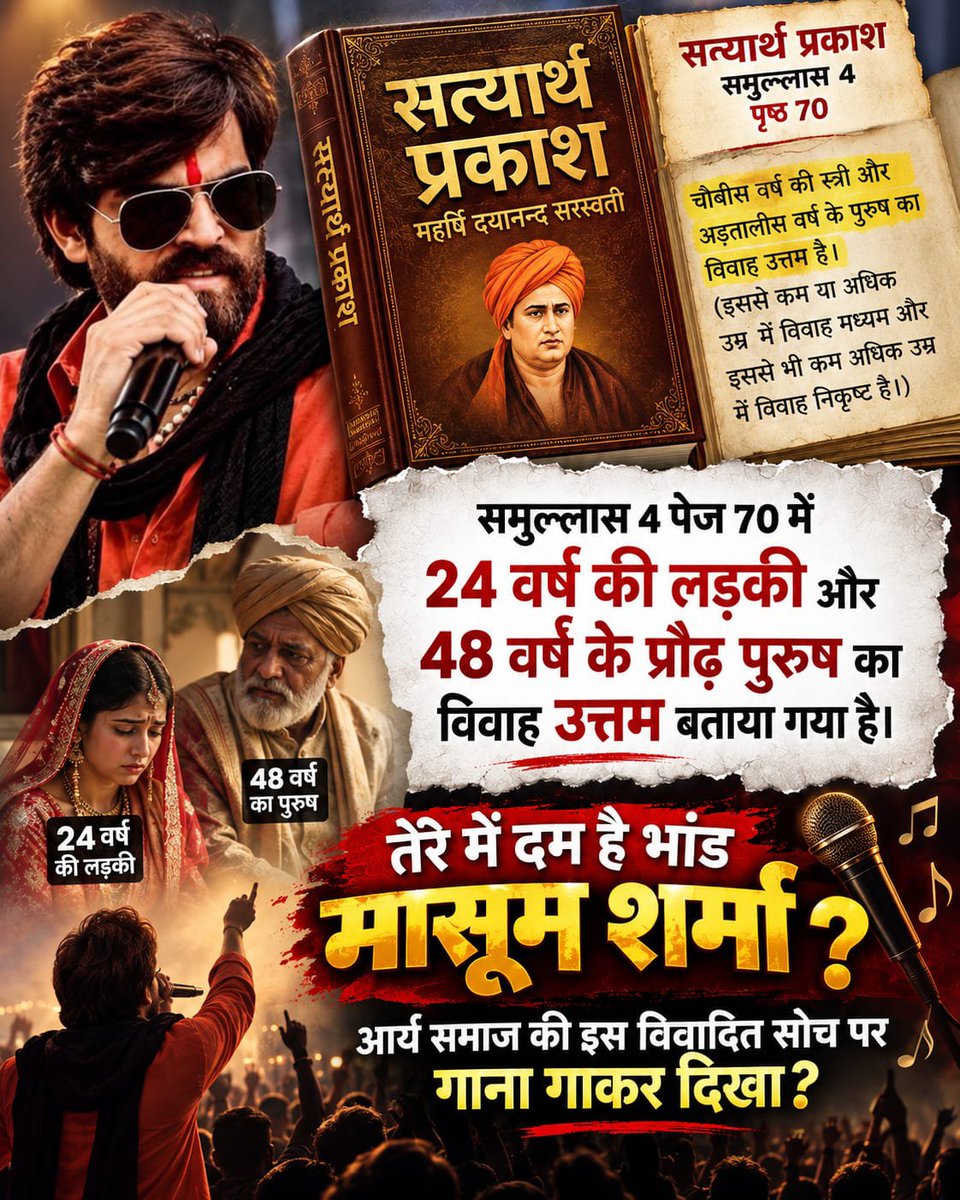 SanvijayK's tweet photo. 📑 सत्यार्थ प्रकाश (समुल्लास 4, पेज 70) में 24 वर्ष की लड़की और 48 वर्ष के पुरुष का विवाह उत्तम बताया गया है। 🎤 तेरे में दम है भांड मासूम शर्मा, इस विवादित सोच पर गाना गा कर दिखा?
​#मासूम_शर्मा_हरियाणा_नाशक
Balatkari Bhand Masoom Sharma
​@RuchikaJangid @kumari_selja https://t.co/ZHeKt7ePd2