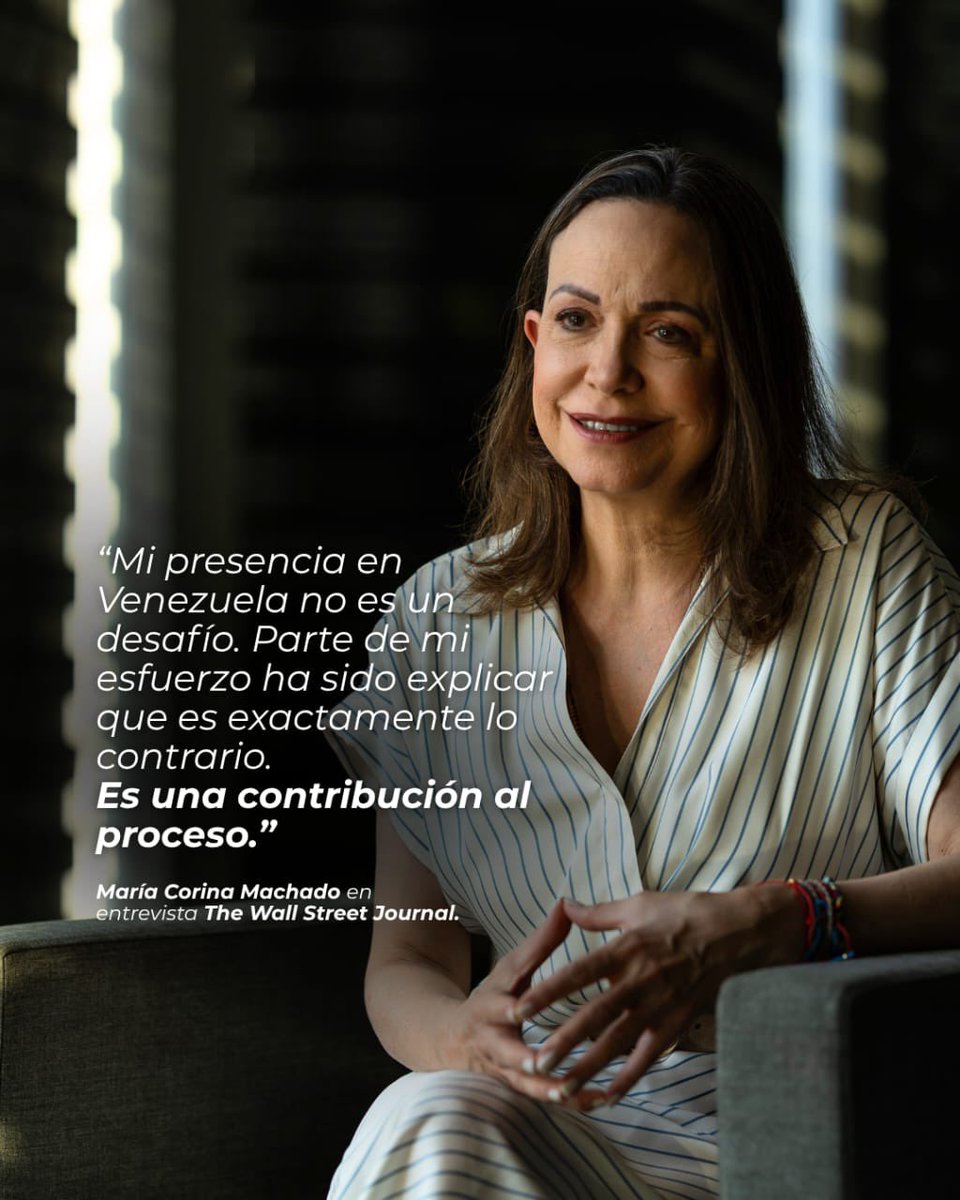 VenteVenezuela's tweet photo. 📍 “Mi presencia en Venezuela no es un desafío. Parte de mi esfuerzo ha sido explicar que es exactamente lo contrario: es una contribución al proceso.”

— María Corina Machado (@MariaCorinaYA) en entrevista para The Wall Street Journal (@WSJ). https://t.co/VqJgR5BQpC