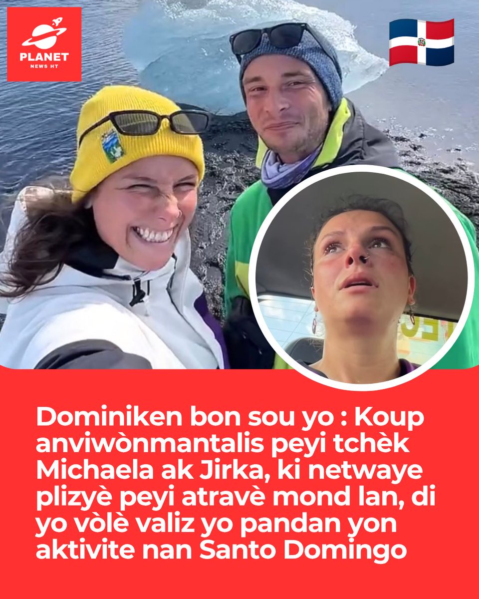 ht_planet's tweet photo. Michaela ak Jirka se yon koup ki soti Repiblik Tchèk, fondatè mouvman anviwònmantal Verdederos. Yo se edikatè anviwònmantal ak kreyatè kontni ki vwayaje atravè mond lan pou òganize netwayaj, sansibilize sou pwoteksyon anviwònman epi mobilize volontè. Jiska prezan, yo rapòte plis pase 160 aktivite nan 32 peyi, ak anviwon 3,200 volontè epi plis pase 35 tòn fatra ranmase.

Pandan yo t ap patisipe kòm volontè nan yon netwayaj devan Fuerte San Gil, Santo Domingo, koup la fè konnen kèk Dominiken vòlè tout valiz yo ki te gen bous, materyèl pou kreye kontni ak dokiman pèsonèl. Yo sitou ap chèche yon lisans kondwi tchèk sou non Dolan epi yo deja depoze plent nan lapolis.

#MichaelayJirka #RepiblikDominikèn #SantoDomingo #Verdederos #Anviwònman #planetnewsht