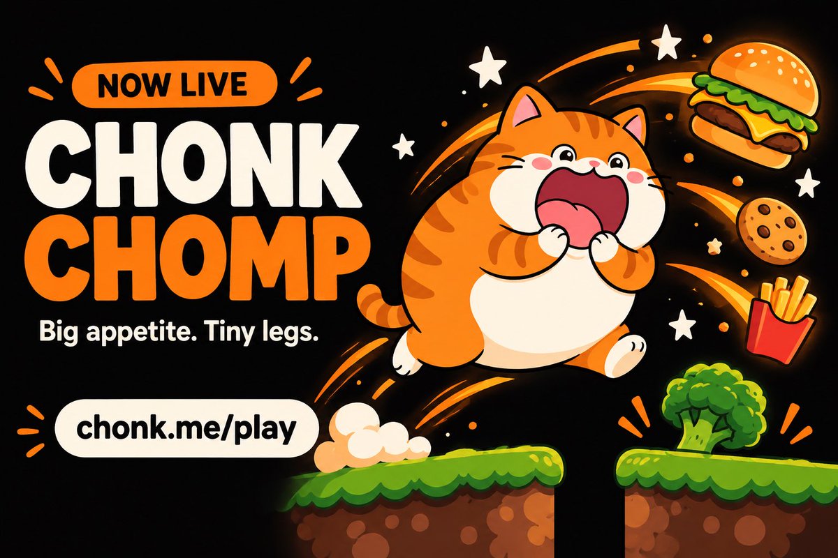 chonklly's tweet photo. big appetite. tiny legs. zero self-control. 🐈🍔

Chonk Chomp is live.

Chomp snacks, dodge broccoli, grab a jetpack. Free to play. No download.

Think you can out-chonk us? 

Drop your best score below 👇

https://t.co/JtLnLtzQ5y https://t.co/DpGgahlK7H