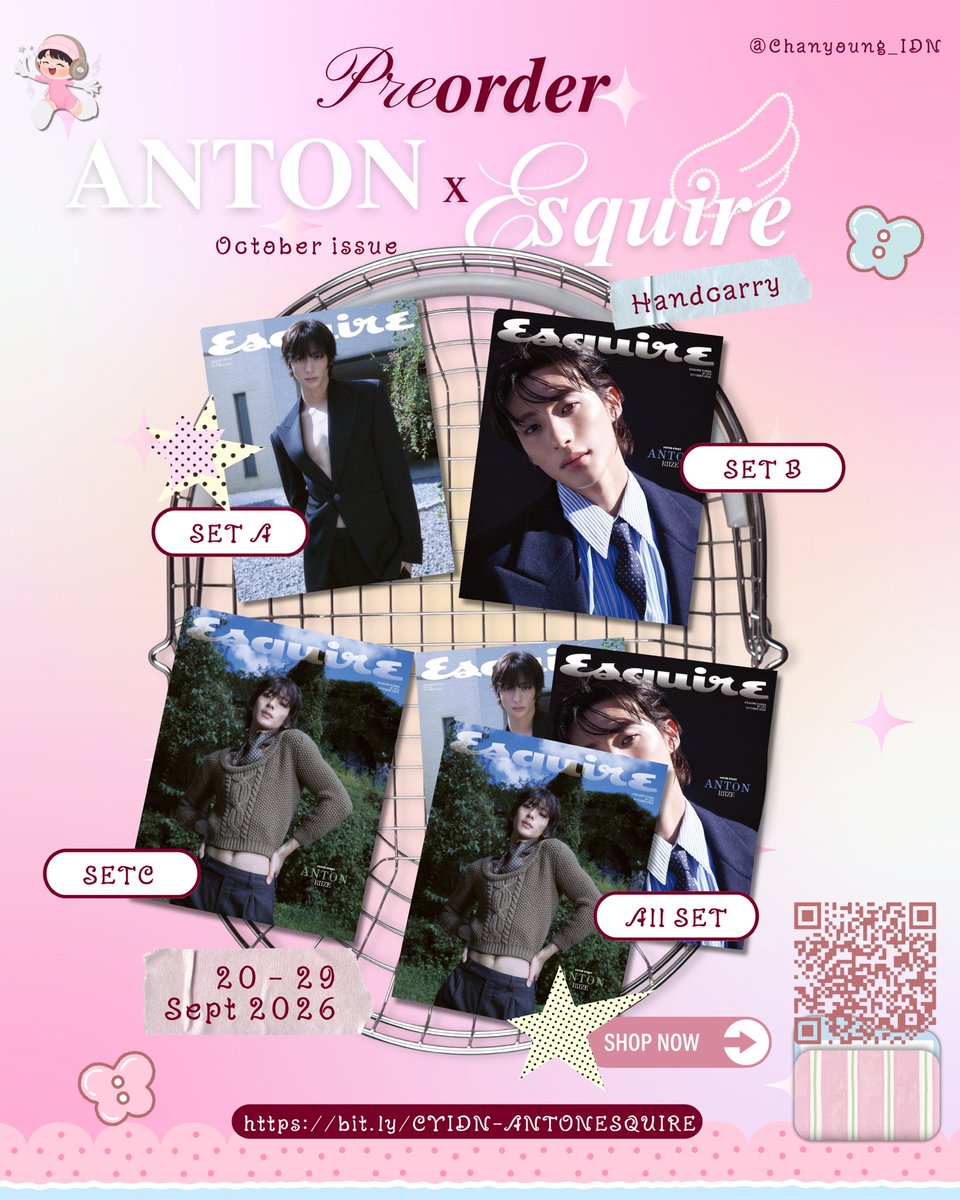 Chanyoung_IDN's tweet photo. [📣] OPEN PRE-ORDER ANTON x ESQUIRE MAGAZINE OCTOBER ISSUE

💰 Price
• Cover A / B / C
— 256K | DP 156K

• All Set
— 850K | DP 550K

Include:
✅ Handcarry fee
❌ Local Shipping (Jika memilih pengiriman manual), adm +pack 🍊

🔗 Order Form:
https://t.co/KGOxjf5qJ8

Est shipping web mid October

📅 Close order ~ 29/09 | 23:59 WIB
🚚 Bandung

#ANTON #앤톤 #찬영 #アントン #RIIZE #라이즈