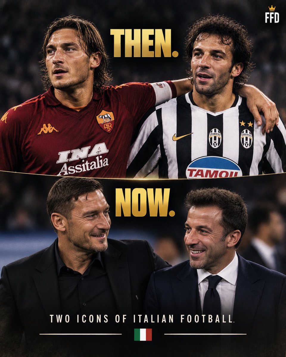 Footbolfacts's tweet photo. 🇮🇹 TOTTI & DEL PIERO.

Prima avversari con Roma e Juventus.
Insieme con la Nazionale.
Campioni del mondo nel 2006. 🏆

Due numeri 10 che hanno segnato un’intera generazione del calcio italiano.

Oggi basta vederli insieme per tornare immediatamente a quegli anni.

⚔️ Qual è il ricordo più bello che avete di questi due?

#Totti #DelPiero #SerieA #Italia