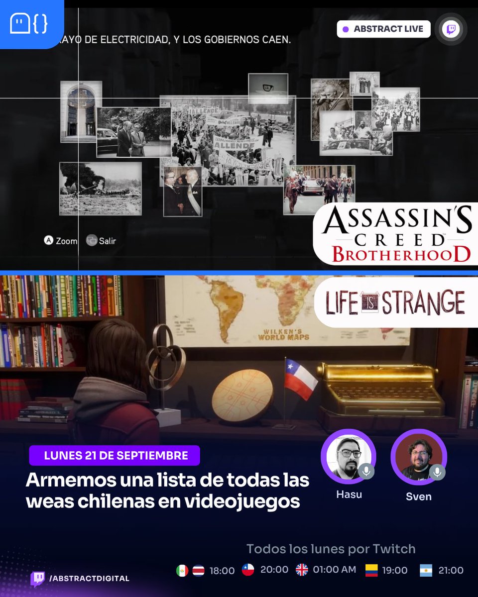 AbstractDw's tweet photo. 🚨Este lunes revisamos todas los guiños de Chile🇨🇱 en videojuegos. ¿Te sabes alguno?, déjalo en los comentarios.

🔴En vivo por 📺https://t.co/9n2Yjqourq desde las 20:00 horas CLT.

#indiegames #chilegames #indiedev https://t.co/KBZhmcBqqv