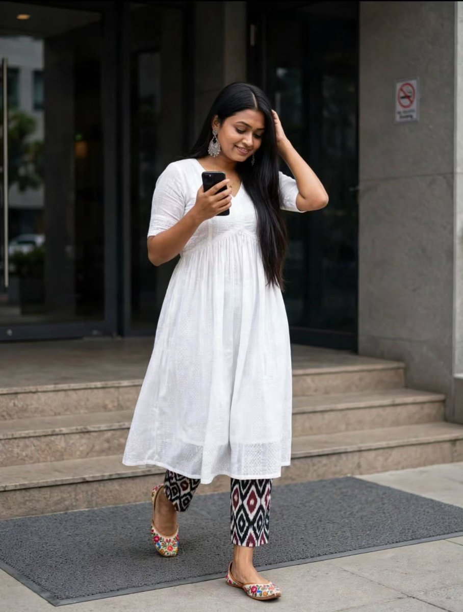 JayBozzone's tweet photo. Pairing classic white chikankari with a pop of pattern. Comfort meets desi chic. Outfit details: white anarkali kurta, statement patterned pants, and embroidered juttis. https://t.co/yXGu1R3KO7
