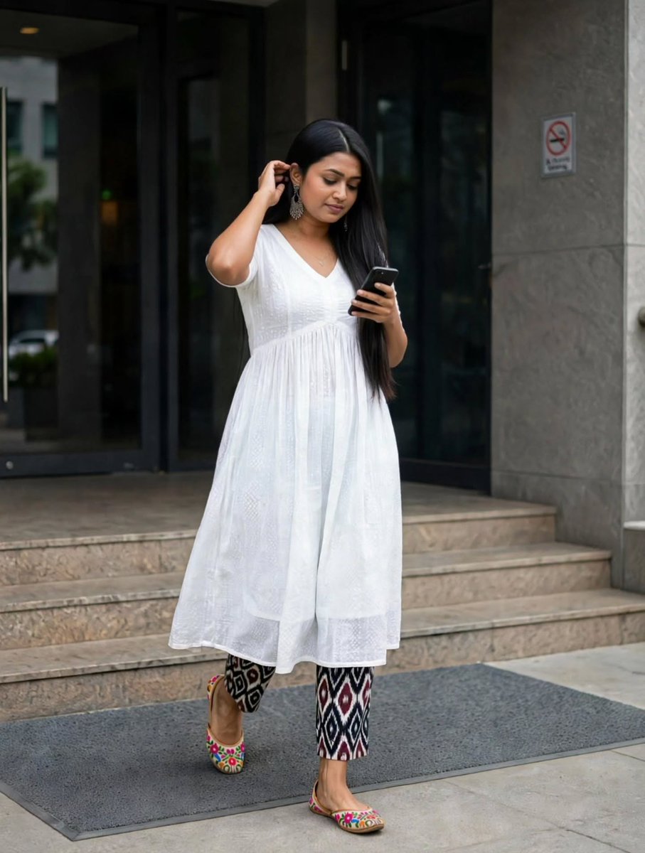JayBozzone's tweet photo. Pairing classic white chikankari with a pop of pattern. Comfort meets desi chic. Outfit details: white anarkali kurta, statement patterned pants, and embroidered juttis. https://t.co/yXGu1R3KO7