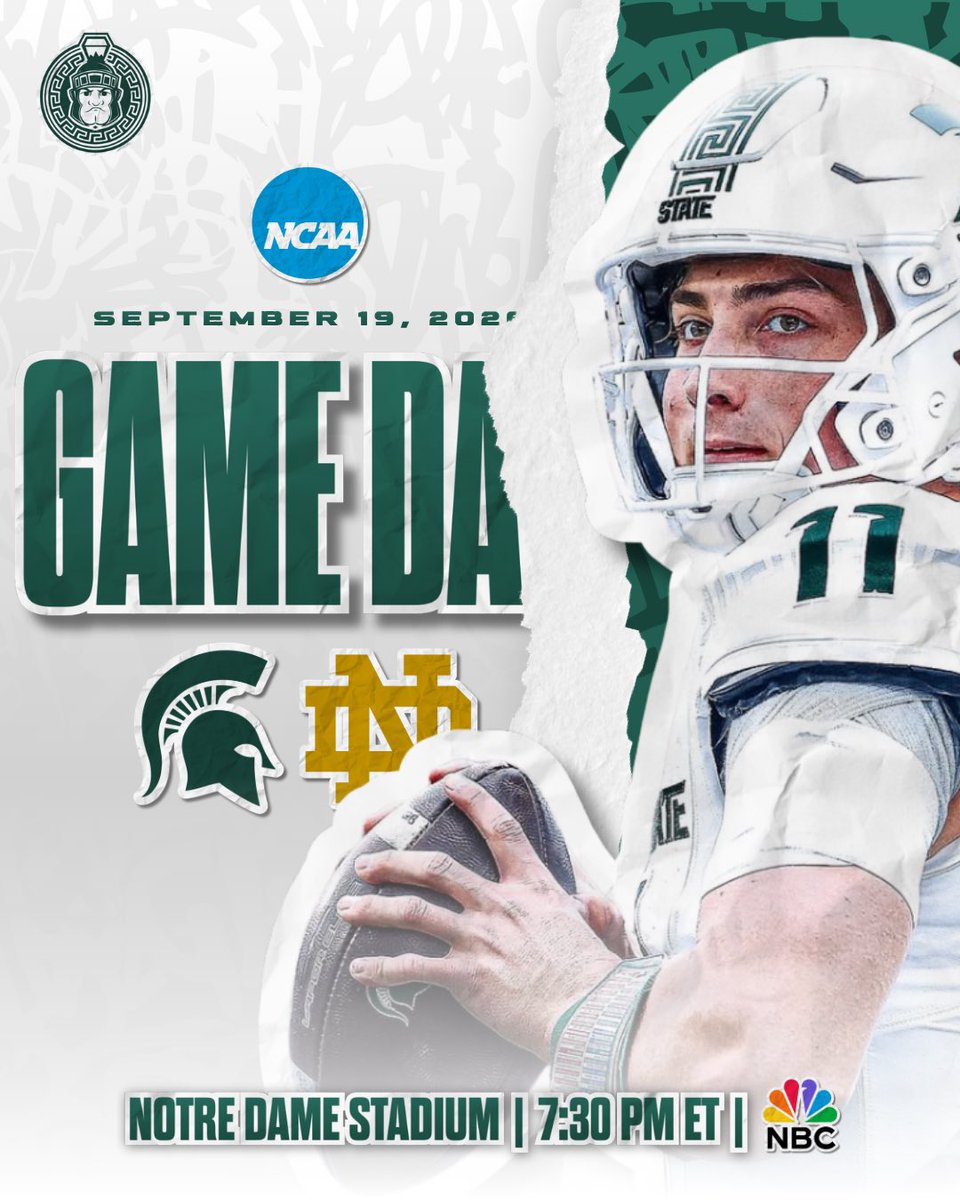 TMSNXELansing's tweet photo. BATTLE FOR THE MEGAPHONE 🏆
🟢 Michigan State: 2-0
☘️ No. 3 Notre Dame: 2-0
📍 Notre Dame Stadium
⏰ 7:30 p.m. ET
📺 NBC and Peacock
🌧️ Rain, around 72°F
The rivalry returns for the first time since 2017.
Score predictions? 👇
#GoGreen #MSUFootball https://t.co/YofXMO7fdp