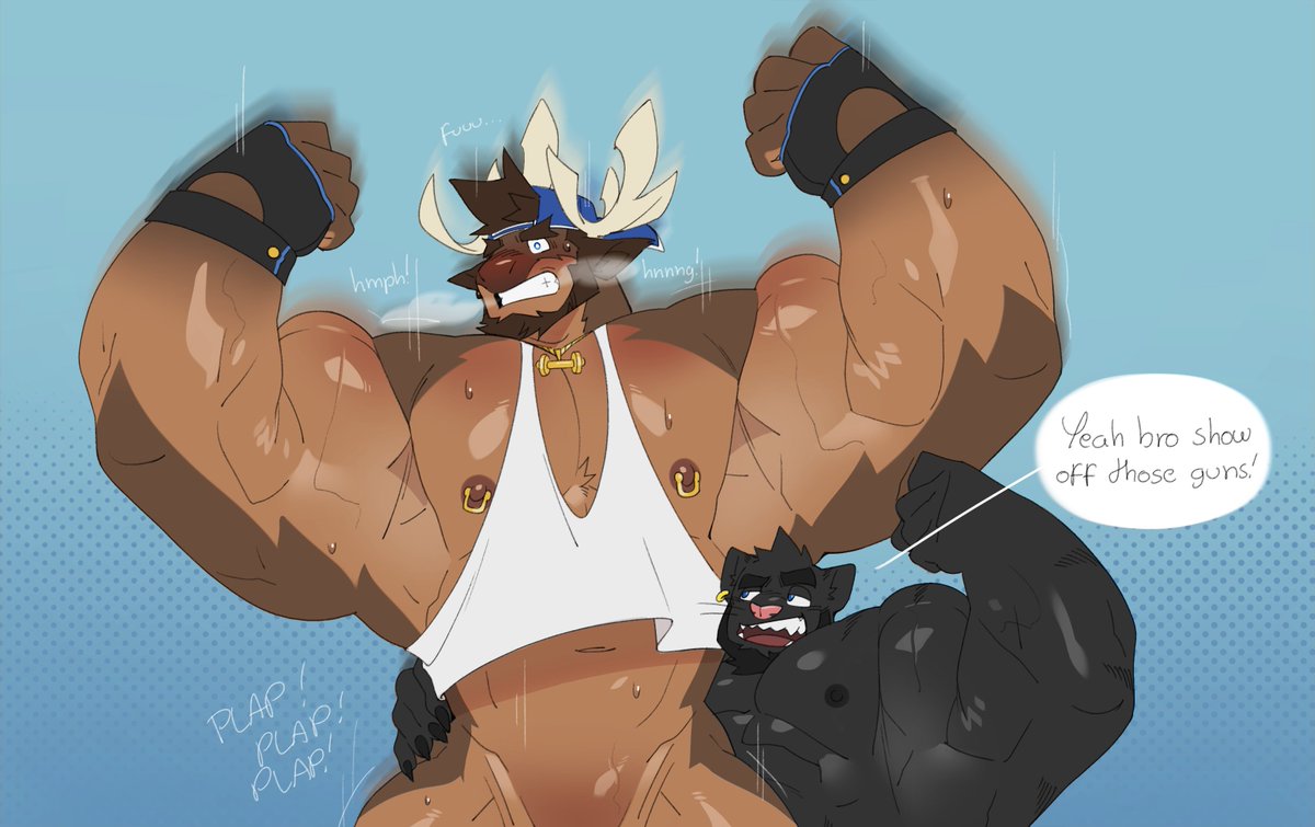 CheschireBacon's tweet photo. Chess helping out Ralph show off for #biceptember like the good bro he is! https://t.co/EV7z6idZok