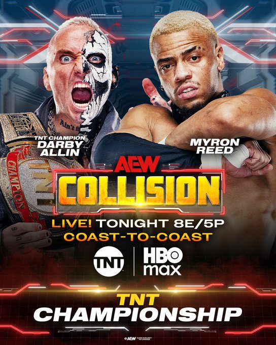 AEWonTV's tweet photo. Two titles are on the line as #AEWCollision brings you fights on a Saturday night!

Don't miss a moment of Where The Best Wrestle when we are LIVE From coast-to-coast at 8/5pt on TNT and HBO Max https://t.co/11QtAc1PQk