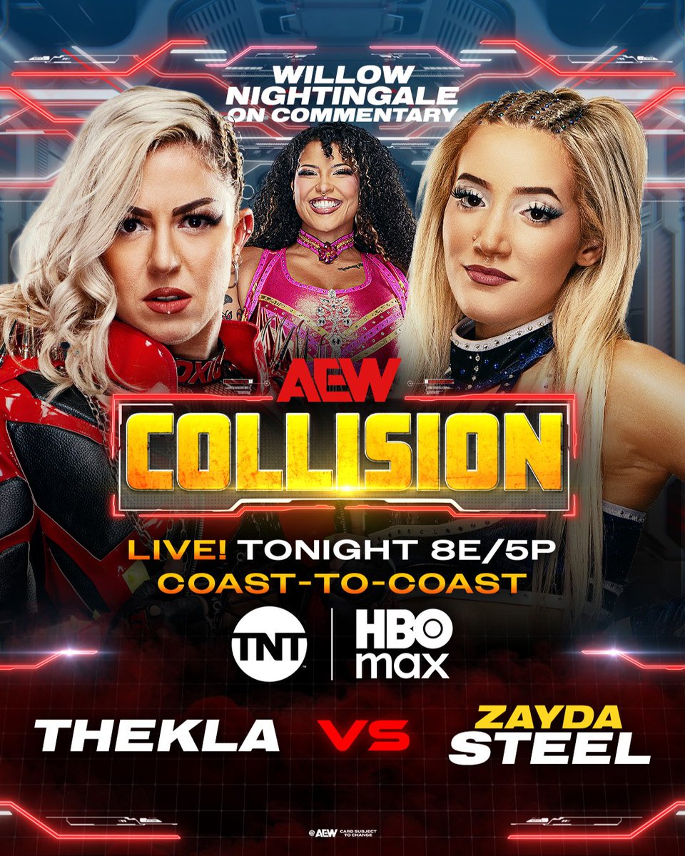 AEWonTV's tweet photo. Two titles are on the line as #AEWCollision brings you fights on a Saturday night!

Don't miss a moment of Where The Best Wrestle when we are LIVE From coast-to-coast at 8/5pt on TNT and HBO Max https://t.co/11QtAc1PQk
