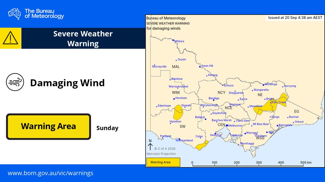 BOM_Vic's tweet photo. ⚠️🌬️4:38am: Severe Weather Warning for damaging #winds in parts of East Gippsland, South West, North East, Central, West & South Gippsland and Wimmera Districts.
Damaging winds developing in #Grampians & #Otways Sunday morning, #VicAlps in the afternoon.
https://t.co/MHMWcT3TtW https://t.co/Hi0dqLYHrv