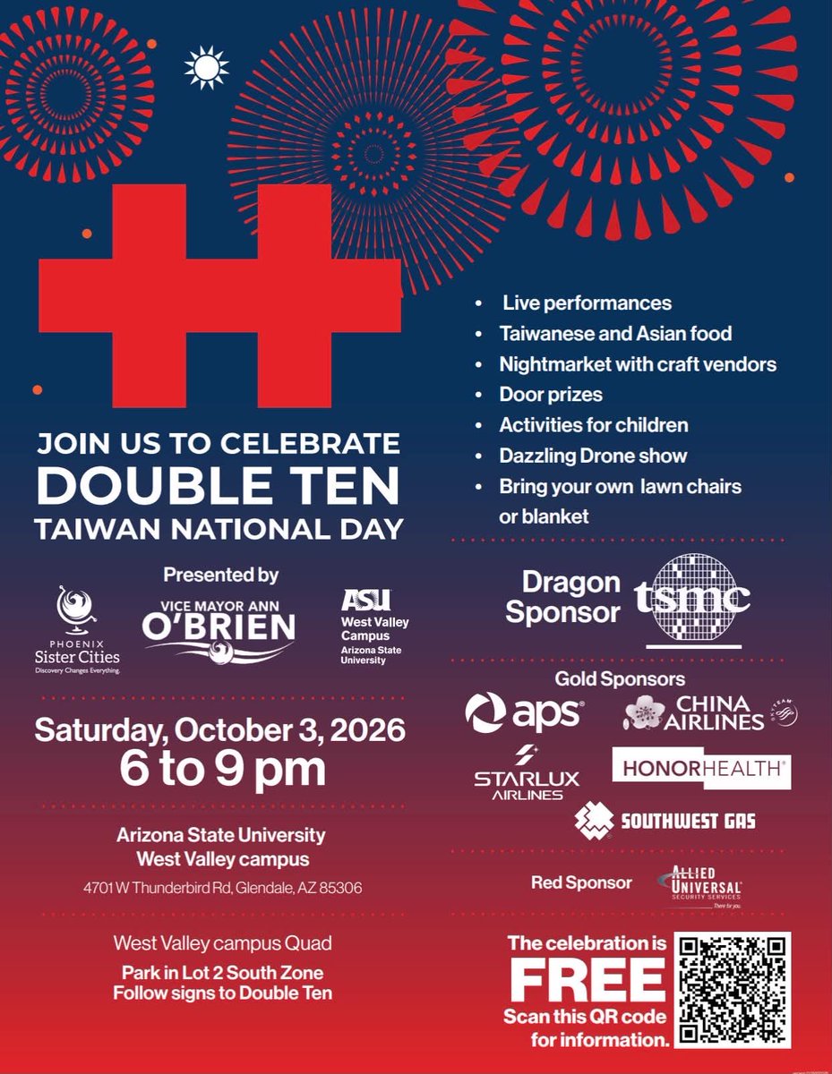wenchyichiu's tweet photo. Saturday, October 3
Double Ten Celebration 
6 pm
ASU West Campus
4701 West Thunderbird Road, Glendale AZ 85306 
Free Event
Night Market, Food Trucks, Food, Drink, Dessert, Lion and Dragon Dances, Performance, Games, Arts and Culture, Door Prizes, and more.
Drone Show https://t.co/DInA0LH9V3